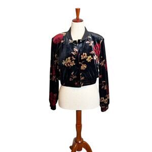Rachel Roy jacket crop length black red floral velvet snaps bomber pockets Sz M